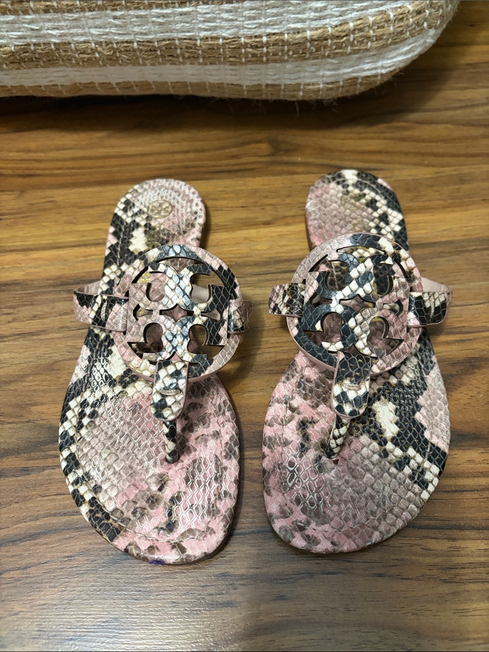 Tory Burch Pink and Black Snake-Print Thong Sandals
